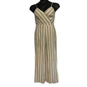 Lush Womens White Gold Striped Wrap Cut-Out Tie Back Wide Leg Jumpsuit Small NWT